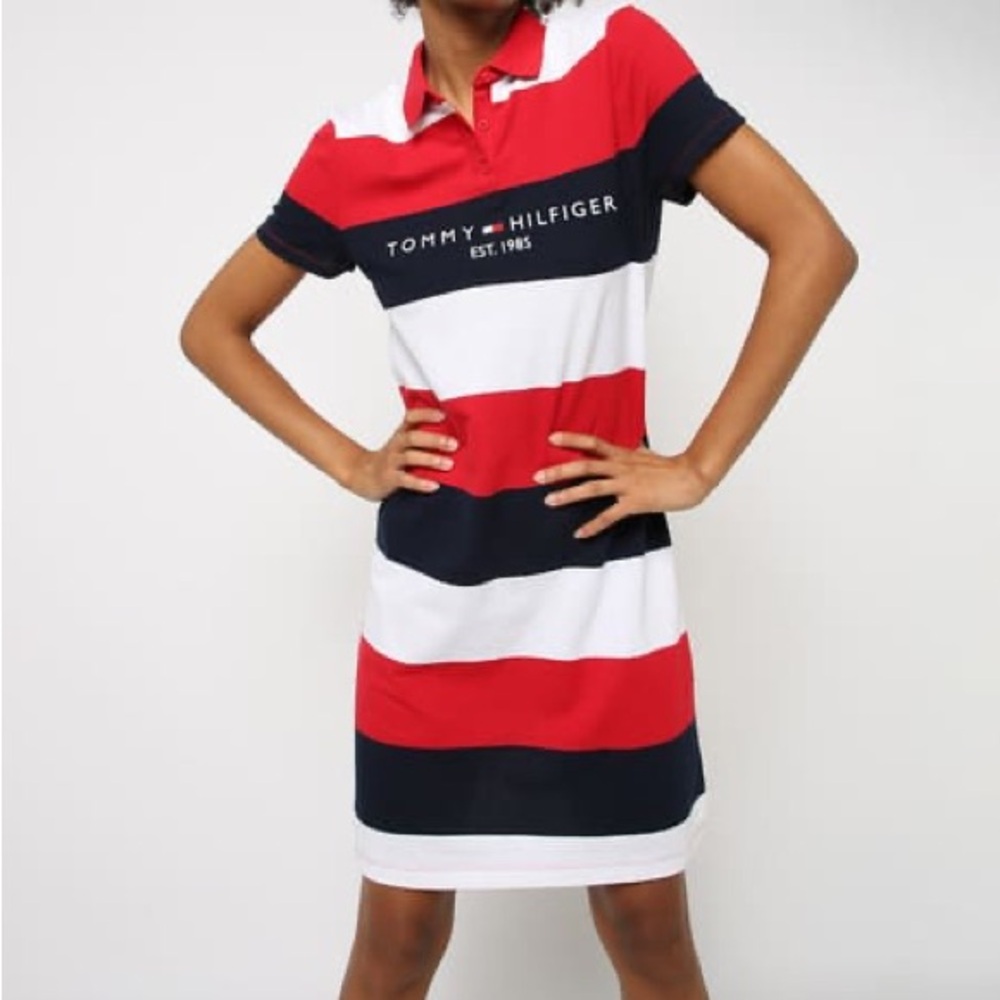 Tommy Hilfiger Red, Navy, and White Striped Polo T-Shirt Dress
